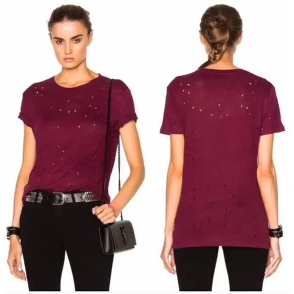 IRO PARIS | Revolve | Burgundy 100% Linen Distressed T Shirt in Clay Extra Small - Picture 1 of 6